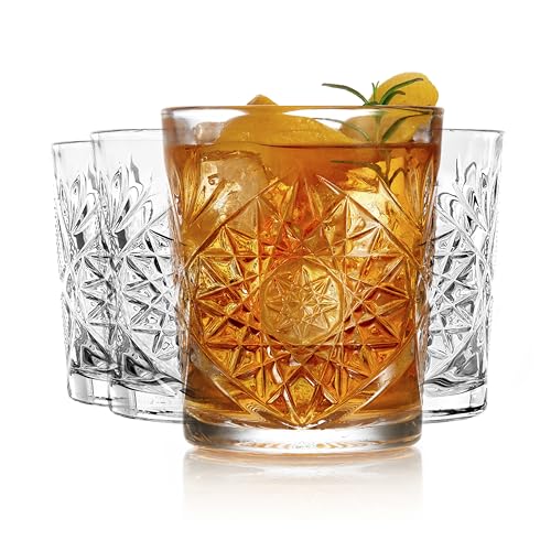Libbey Hobstar Double Old Fashioned Glasses, Clear Cut Glass Drinking Glasses Set of 4, Durable, Vintage Whiskey Glasses for Cocktail, Drinks and More - color: Hobstar Clear