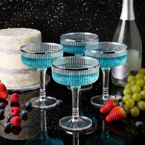 Champagne Tower 7 oz Plastic Champagne Coupe Glasses Set Stackable Plastic Ribbed Martini Glasses Unbreakable Acrylic Cocktail Coupe Cups for Wedding Birthday (Glitter,Silver,Set of 55) - color: Sliver, size: Glitter