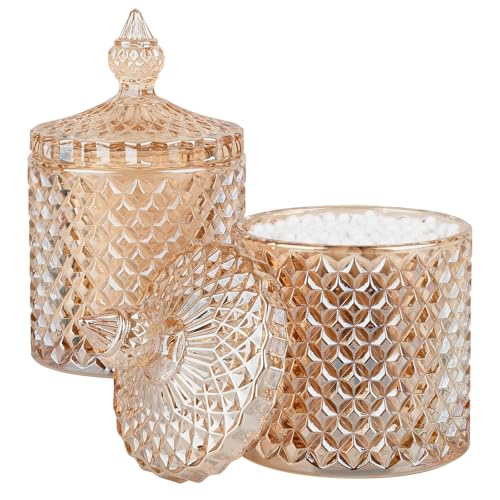 2 Pack Qtip Holder Apothecary Jars with Lid, Thick Glass, Amber | Bathroom Canisters Storage Organizer for Cotton Swabs, Balls, Pads, Floss Picks, Candy, Jewelry, Bathroom Decor - color: Amber, size: 10 oz (2 pack)