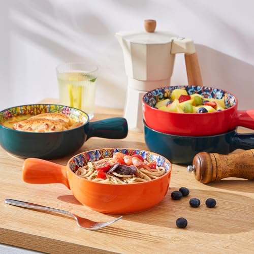 vancasso Boho 23 Oz French Onion Soup Bowls with Handles, Ceramic, Set of 4 | Bohemian ceramic soup crocks with handles,Microwave & dishwasher safe,6.2 inch, 23 oz, For cereal, pasta, stew & chili