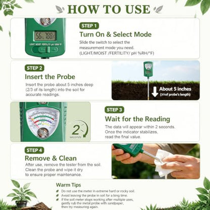 7-in-1 Soil Test Kit with 90° Rotatable Head, Soil Tester for Moisture/pH/Light Intensity/Fertility, Digital Screen for Soil & Air Temp/Humidity, Ideal for Garden, Lawn, Farm, Indoor/Outdoor Plants