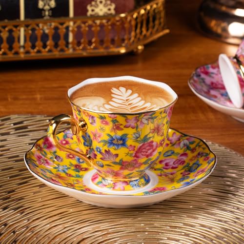 KAMMAK Tea Cup and Saucer, Ceramic Coffee Cups, 6.3 oz, Set of 2 | Porcelain Tea Cups with Saucers for Coffee and Cappuccino, Ideal for Breakfast, Afternoon Tea and Entertaining,645N+646N - style: 645N+646N