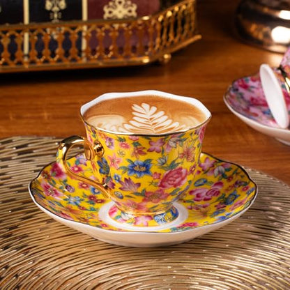 KAMMAK Tea Cup and Saucer, Ceramic Coffee Cups, 6.3 oz, Set of 2 | Porcelain Tea Cups with Saucers for Coffee and Cappuccino, Ideal for Breakfast, Afternoon Tea and Entertaining,645N+646N - style: 645N+646N