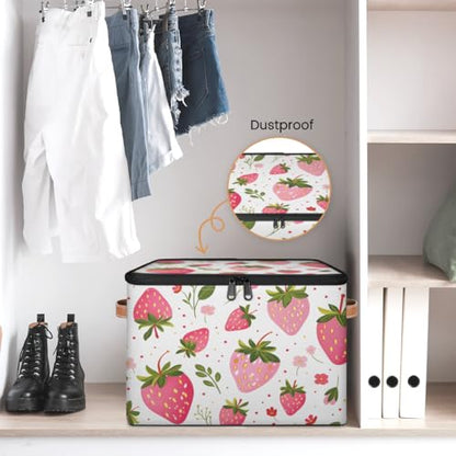 Storage Bin with Lid, Strawberry Stackable Closet Storage Bins, Decorative Bedroom Organizer Box, Lidded Baskets Living Room Storages Boxes Cube Organizer, Cute Container with Handles