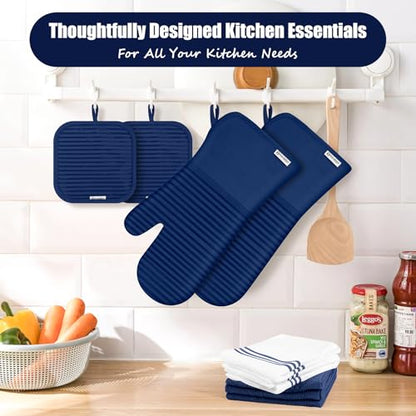 Oven Mitts and Pot Holder Sets with Silicone Grip, 500°F Heat Resistant-6 Pack Dishcloth/Dish Towels for Kitchen 100% Cotton-Value Kitchen Essentials for Cooking, Baking, Grilling-Marine Blue - color: Marine Blue