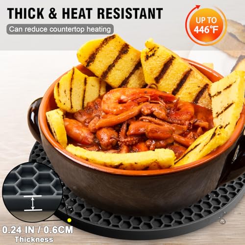 Walfos Silicone Trivet Mats - 4 Heat Resistant Pot Holders, Multipurpose Non-Slip Hot Pads for Kitchen Potholders, Hot Dishers, Jar Opener, Spoon Holder, Food Grade Silicone & BPA Free (Black) - style: 7.1+7in, 4 Black Round + Square