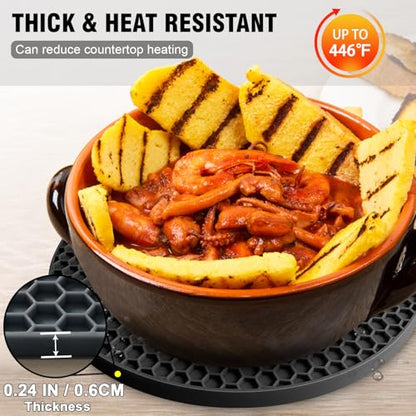 Walfos Silicone Trivet Mats - 4 Heat Resistant Pot Holders, Multipurpose Non-Slip Hot Pads for Kitchen Potholders, Hot Dishers, Jar Opener, Spoon Holder, Food Grade Silicone & BPA Free (Black) - style: 7.1+7in, 4 Black Round + Square
