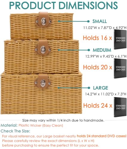 Wicker Storage Baskets with Lids, Set of 3 Decorative Storage Boxes For Organizing, Woven Baskets with Leather Lock and Handles (Beige)