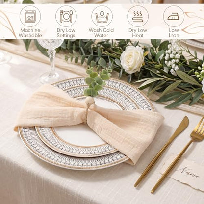 Sawysine 24 Pcs Beige Cloth Napkins with Rings Set 17" x 17" Boho Washable Cotton Dinner Napkins Wedding Eucalyptus Leaf Napkin Rings for Bridal Shower Birthday Party Anniversary Decoration