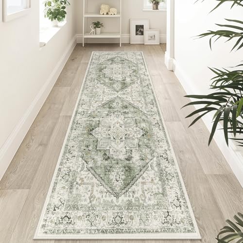 LIVEBOX Sage Green Runner Rug Non-Slip 2.5x8 - Oriental Bedroom Rugs Long Hallway Rugs for Home Decor, Low-Pile Vintage Carpet for Bathroom, Non-Slip Soft Carpet Throw Rug for Laundry Room - color: Medallion Sage, size: 2'6" x 8' (Runner)