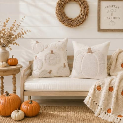 Fall Tufted Pumpkin Pillow Covers Set of 2 16x16, Farmhouse Beige - color: Beige, size: 16" x 16" (Pack of 2)
