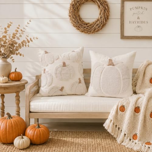 Fall Tufted Pumpkin Pillow Covers Set of 2 20x20, Farmhouse Beige - color: Beige, size: 20" x 20" (Pack of 2)