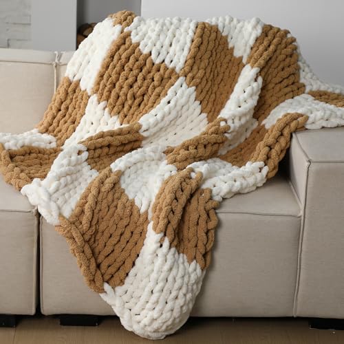 Tudomro Checkered Chunky Knit Throw Blanket for Couch 50 x 60 Inches Neutral Decor 100% Hand Knitted Cozy Soft Large Rope Knot Crochet Blankets for Sofa Living Room(Ivory and Brown)