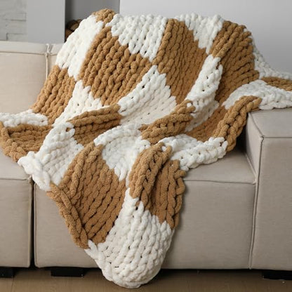 Tudomro Checkered Chunky Knit Throw Blanket for Couch 50 x 60 Inches Neutral Decor 100% Hand Knitted Cozy Soft Large Rope Knot Crochet Blankets for Sofa Living Room(Ivory and Brown)
