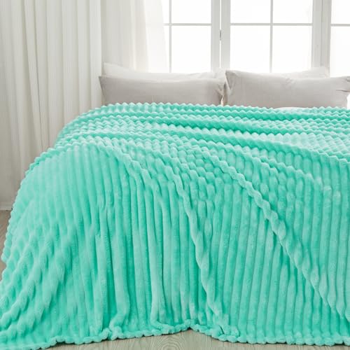 NEWCOSPLAY Fleece Ribbed Cozy Queen Blanket for Couch, Aqua, 90"x90" | Premium Silky Flannel Blanket, Soft Lightweight Fluffy Throw Blanket for Bed Sofa Decor, Gift for All Season Use - color: Aqua Ribbed, size: Queen(90"x90")