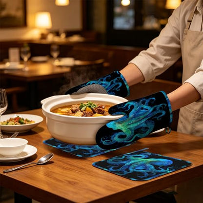 Octopus Ocean Nautical Oven Mitts and Pot Holders Sets of 4, Heat Resistant Silicone Oven Mitts Gloves Non-Slip Kitchen Mittens Potholders for Cooking Baking Grilling BBQ - color: Octopus Ocean Nautical