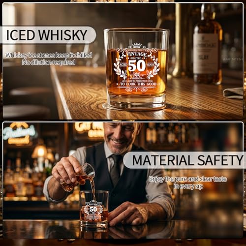 50th Birthday Gifts for Men 50th Birthday Party Supplies | Include 11 Oz Glass Stone Ice Tong Bottle Opener Cap Apron Socks Keychain Greeting Card for Him, Dad, Husband, Friends - style: 50th