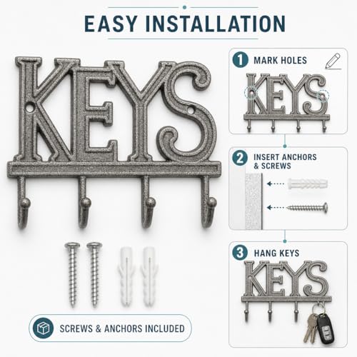 Comfify Gray Cast Iron Key Holder for Wall – Keys Sign with 4 Hooks | Neutral gray versatile finish; mounting hardware included; entryway, hallway or door; 6"H x 8"L; holds 8 keychains - color: Gray