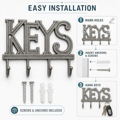 Comfify Gray Cast Iron Key Holder for Wall – Keys Sign with 4 Hooks | Neutral gray versatile finish; mounting hardware included; entryway, hallway or door; 6"H x 8"L; holds 8 keychains - color: Gray