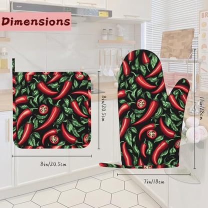 Red Chili Peppers Silicone Oven Mitts and Pot Holders,Heat-Resistant 4 Piece Kitchen Set Non-Slip Oven Gloves and Hot Pads for Cooking, Baking, Grilling,BBQ - color: Red Chili Peppers