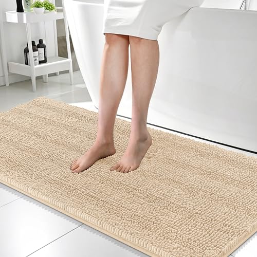 OLANLY Thick Bathroom Runner Rugs 59x24, Chenille Long Bath Rugs, Beige | Soft Absorbent Striped, Rubber Backing, Machine Wash, Bath Mats for Bathroom Floor, Tub and Shower, Home Decor Accessories - color: Beige, size: 59" X 24"