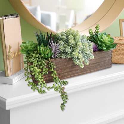 Winlyn 15" Assorted Artificial Succulent Arrangement Assorted Succulents in Rectangular Wooden Planter Faux Potted Plant for Farmhouse Table Centerpiece Windowsill Shelf Desk Mantel Greenery Décor