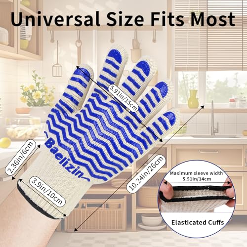 BBQ Grill Gloves, Extreme Heat Resistant Oven Gloves, Silicone Non-Slip Oven Mitts with Fingers, for Barbecue,Grilling, Cooking, Baking-1 Pair(Blue)