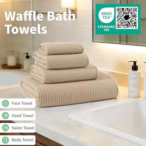MICROFI Waffle Weave Bath Towel Set, Microfiber, 4 Pieces (Body/Hair/Hand/Face), Quick Dry, Lightweight, Super Absorbent, Lint Free, 380 GSM (Beige) - color: Beige