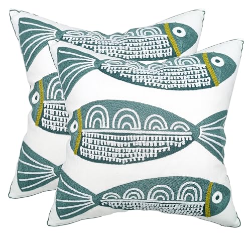Embroidered Throw Pillow Covers, Pack of 2 Three Blue Fishes Patterned Pillowcases for Couch Sofa Bedroom, Decorative Pillow Covers 18x18 inch(Cute Fish) - color: Cute Fish