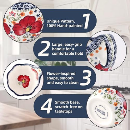 ALMA Soup Bowl With Handle,16oz Handpainted Floral Soup Mug Microwave Safe | Ceramic Large Loop Handle, Enjoy Soup,Cereal,Stew,Ice Cream,Snack,Fruits,Chili, Farmhouse Gift for Grandma Mom Homemakers - color: Red Lily
