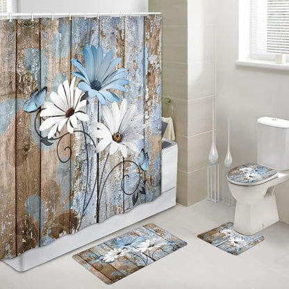 JAWO 4 Piece Blue Daisy Flower on Rustic Wooden Plank Country Style Shower Curtain Sets with Non-Slip Rugs, Toilet Lid Cover and Bath Mat, Shower Curtain with 12 Hooks - color: Blue-01, size: 5'10" x 5'10" (Rectangular)