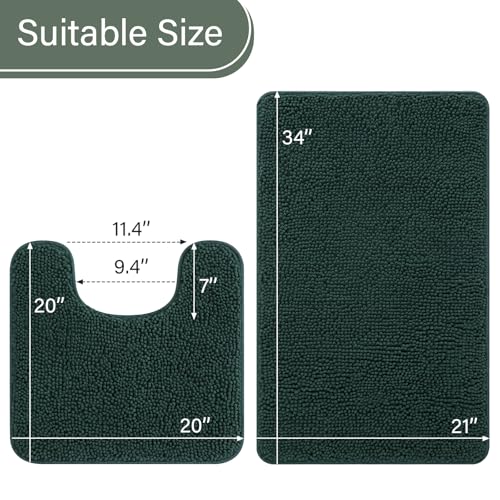 LOCHAS Bathroom Rugs Sets 2 Piece, 20''x20'' & 34''x21'', Hunter Green | Non Slip U-Shaped Toilet Rug, Chenille Washable Absorbent, Soft Bath Mat Set for Shower, Sink - color: Hunter Green