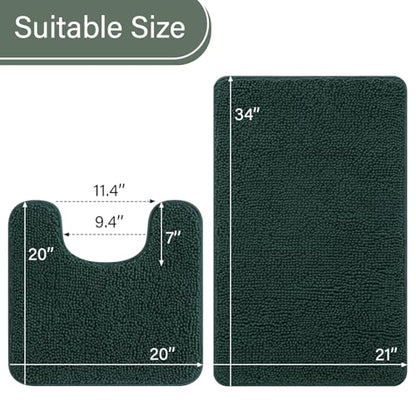 LOCHAS Bathroom Rugs Sets 2 Piece, 20''x20'' & 34''x21'', Hunter Green | Non Slip U-Shaped Toilet Rug, Chenille Washable Absorbent, Soft Bath Mat Set for Shower, Sink - color: Hunter Green