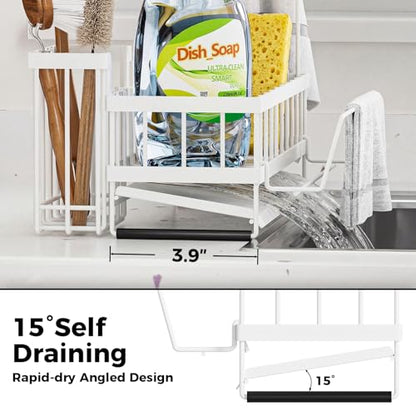 Kitchen Sink Organizer, Stainless Steel Sponge Holder, White | Rust-Resistant Steel, Detachable Draining Board, Compartment Divider, Brush Holder & Towel Bar, Ideal for Kitchen Storage - color: White