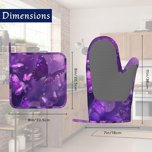 Purple Butterfly Oven Mitts and Pot Holders Sparkling Abstract Silicone Kitchen Accessories Set of 4 Heat Resistant Non-Slip Long Gloves Potholder for Chef Cooking Baking Gifts Women Men - color: Purple Butterfly,sparkling Abstract
