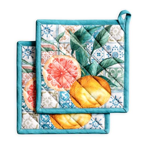 Maison d' Hermine Pot Holders 100% Cotton Potholders (8" x 8", Pack of 2) | Heat Resistant Hot Pads with Loop BBQ Cooking Baking Farmhouse Kitchen Handling Hot Pans Spring Summer - Agrume - color: 010 - Agrume, size: 8" x 8" (Pot Holder Pack of 2)