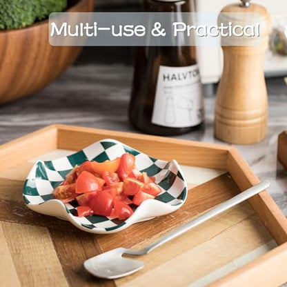 Miamolo Checkered Spoon Rest for Stove Top, Spoon Holder Keeps Area Cleaner | 5.3" Fits Cooking Ladles & Spatulas | Ceramic Heat-Resistant, Dishwasher Safe | Range, Kitchen Counter Use, Housewarming Gift - color: Green-White