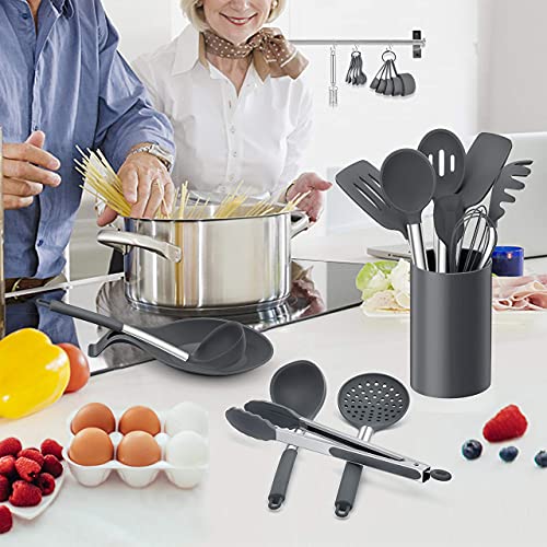LIANYU 43 Pcs Kitchen Cooking Utensils Set, Silicone Cooking Utensils Spatula Set with Holder, Heat Resistant Kitchen Gadgets Tools for Nonstick Cookware Set, Stainless Steel Handle, Grey - color: Gray