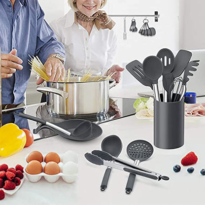 LIANYU 43 Pcs Kitchen Cooking Utensils Set, Silicone Cooking Utensils Spatula Set with Holder, Heat Resistant Kitchen Gadgets Tools for Nonstick Cookware Set, Stainless Steel Handle, Grey - color: Gray