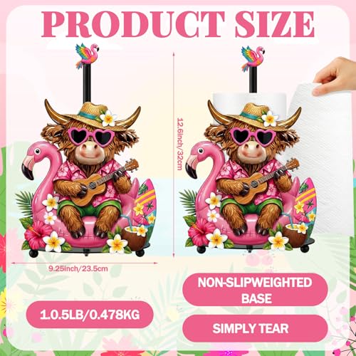 Hawaiian Flamingo Paper Towel Holder, Summer Flamingo Highland Cow Kitchen Decor Tropical Metal Towel Holder Stand with Round Base, Bathroom Countertop Decor for Luau Party Home - style: Flamingo