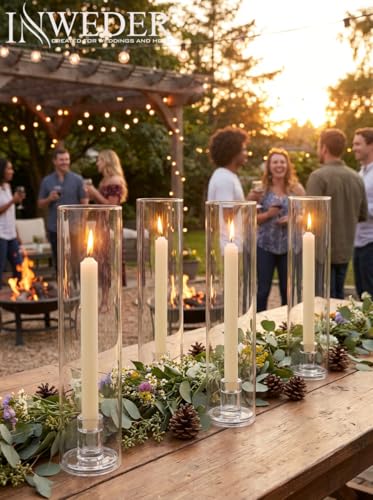 Hurricane Glass Candle Holders: 11.8" Tall Cylinder Cover Set of 6 | for 0.87" Taper, Windproof Chimney Cover, Clear Candlestick Holder for Wedding Table Centrepiece, Party, Birthday, Christmas - size: 11.8" H - 6 Pcs