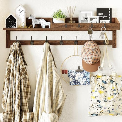 AMBIRD Coat Rack Wall Mount, 35 inch Large Wall Hooks with Shelf, Entryway Shelf with 7 Dual Coat Hooks 4 Key Hooks Mail Organizer, Wooden Coat Hanger and Key Holder Wall Mount - color: Brown, size: 35" L