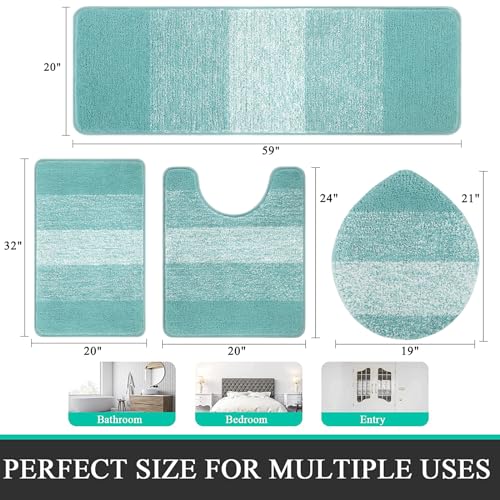 Bsmathom Bathroom Rug Set 4 Piece, Plush Microfiber Bath Mat, Teal | Extra Water Absorbent, Non Slip Washable Runner Bath Rugs with Toilet Lid Cover and U-shaped Contour Toilet Mat - color: Teal, size: 18"x26"+18"x48"+U20"x24"+Cover19"x21"