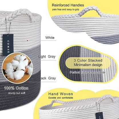 COMSE Large Woven Blanket & Laundry Basket, 87L, White & Gray | 21.7" x 13.8", Cotton Rope, Nursery Hamper for Storage of Toys Clothes Towels, Ideal for Living Room Bedroom Bathroom - color: White & Light Gray & Dark Gray