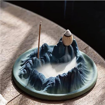 Backflow Incense Burner - A Thousand Li of Rivers and Mountains Ceramic Holder for Cones and Sticks, Waterfall Smoke Aromatherapy Decor for Meditation, Yoga, Home Office