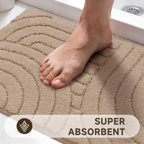 Pauwer Bathroom Rugs Sets 5 Piece, Absorbent Non Slip Bath Mat Set, Beige | Machine Washable, Microfiber Plush, Quick Dry Runner, U Shaped Contour Toilet Rugs, Shower Mats and Toilet Lid Cover - color: Beige