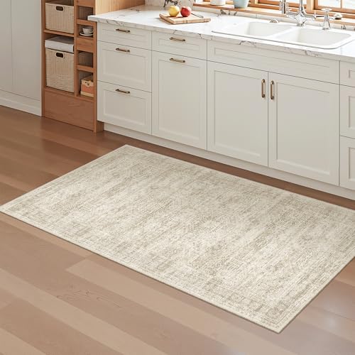 Soalmost 2x4 Washable Rugs for Kitchen, Entryway, Small Area Rug Beige | Non-Slip Vintage Low Pile Throw Door Mat For Bathroom Entry Laundry Powder Room, Stain Resistant Indoor Entrance Floor Carpet - color: Beige, size: 2' x 4' (Rectangular)