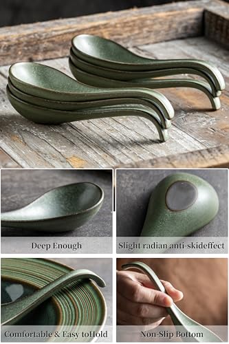 Asian Soup Spoon, Chinese Soup Spoons, Ramen Spoons, Japanese Ceramic Soup Spoon Set of 6,Thanksgiving Christmas Kitchen With Long Handle for Serving, Ramen, Pho, Noodles, Green - color: Green