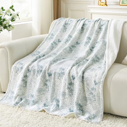 Viviland Cotton Blanket Muslin Blankets for Adult Reversible Flannel, Gifts for Women, Cozy and Soft for All Seasons, Home Decor Throw for Sofa, Chair, Coastal Toile, 50x70 inches - color: Coastal Toile, size: Large Throw Blanket (50 X 70 Inches)