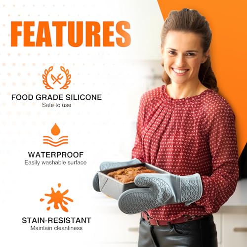 Silicone Oven Mitts, Heat Resistant 2PCS Oven Mitts with Soft Cotton Lining, Waterproof Non-Slip Grip Oven Glove, Kitchen Potholder Mits for BBQ, Baking, Cooking, 12.5 Inch - Grey - color: Gray